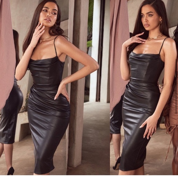 HOUSE OF CB 'Luanne' Black Vegan Leather Corset Midi Dress - Picture 5 of 13